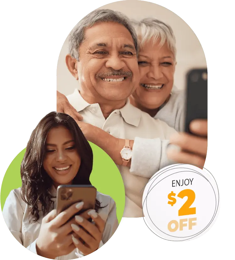 Smiling elderly couple taking a selfie, with a young woman happily using her phone. A badge on the image says 'Enjoy  Off'.
